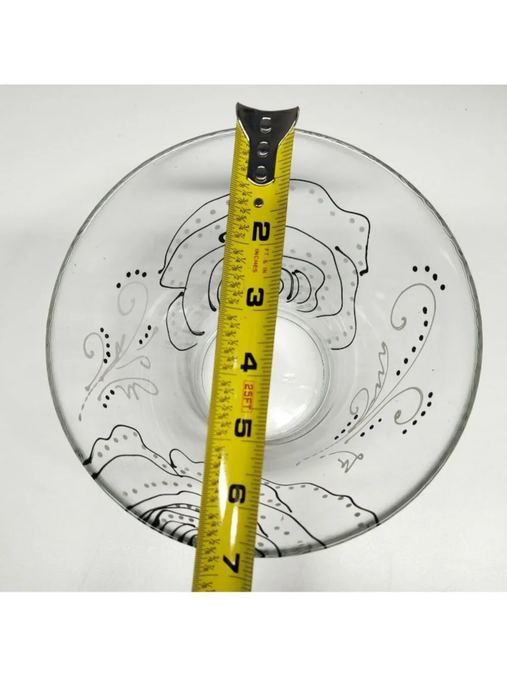 Floral Hand Painted Glass Bowl Black & White Rose